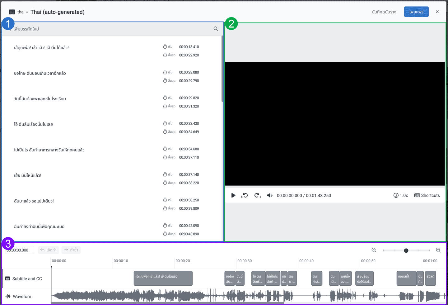 ส่วนประกอบของ Subtitle Editor